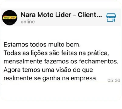 Mensagem de Nara, da Moto Líder sobre o método GT2R