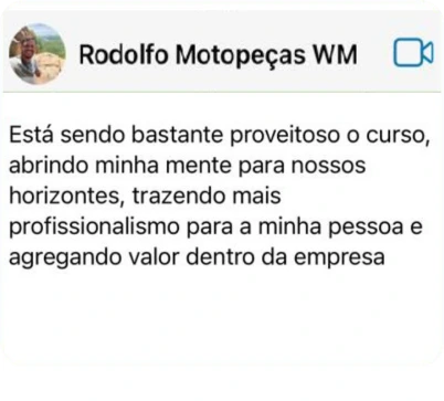 Mensagem de Rodolfo, da Motopeças WM sobre o método GT2R