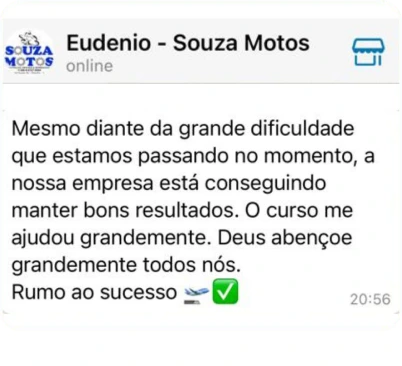 Mensagem de Eudênio, da Souza Motos sobre o método GT2R